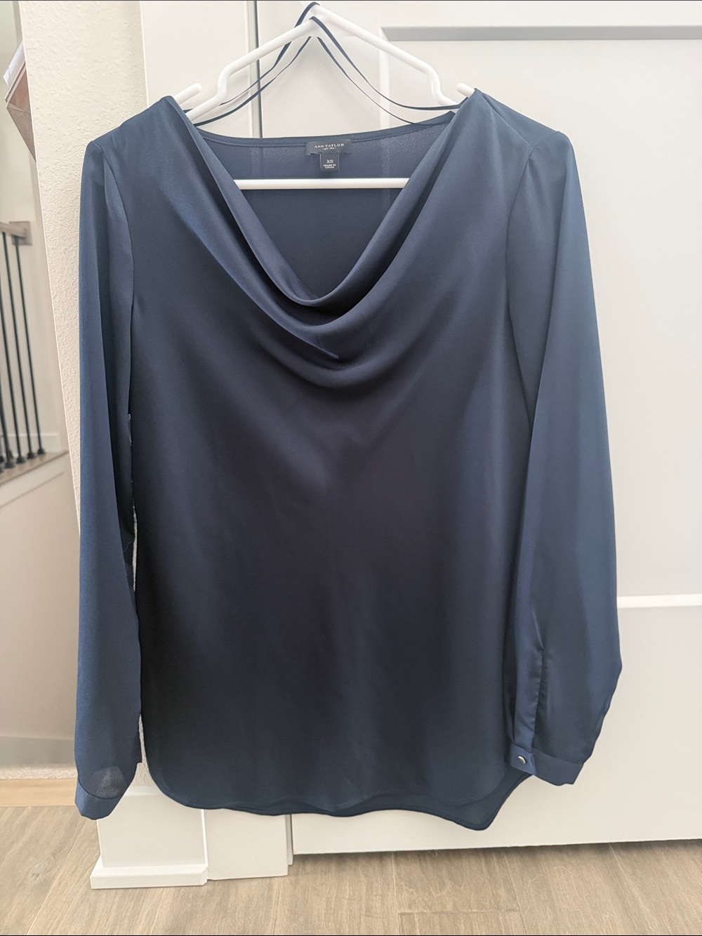 Ann Taylor Navy Draped Cowl Neck Blouse